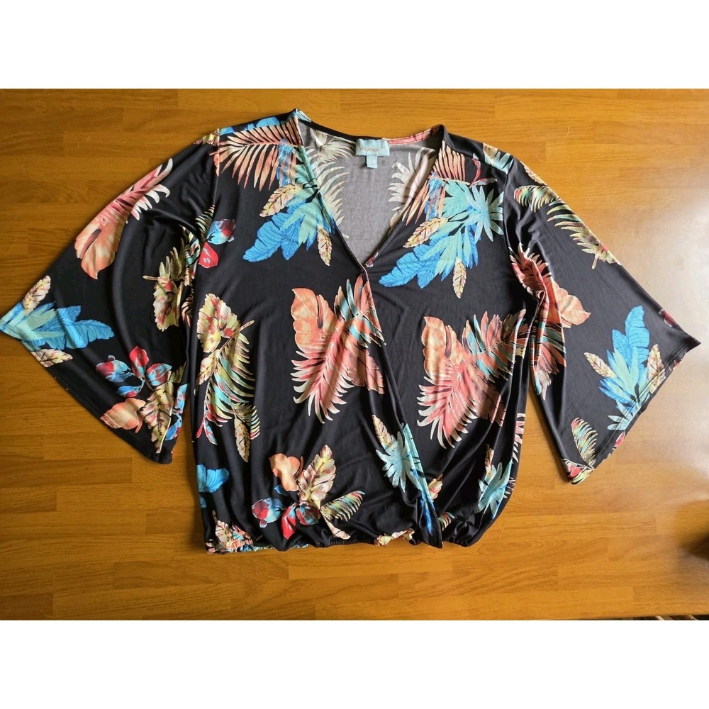 Veronica M Tropical Palm Print Pullover Blouse Top Black Multi Women's Size XL